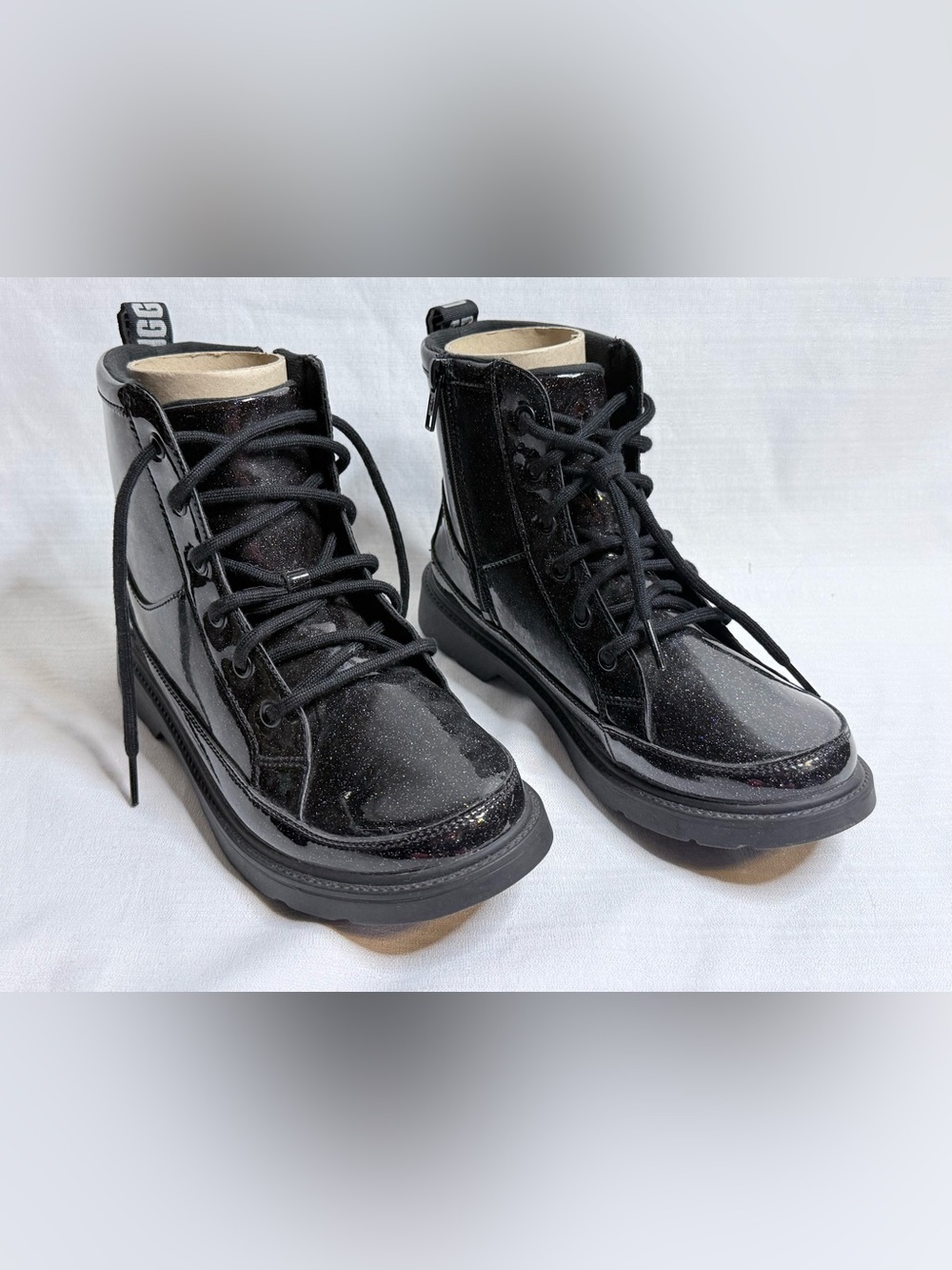 UGG Women’s 6 Black Glitter Patent Lace Up Combat Boots G11773 NWOT